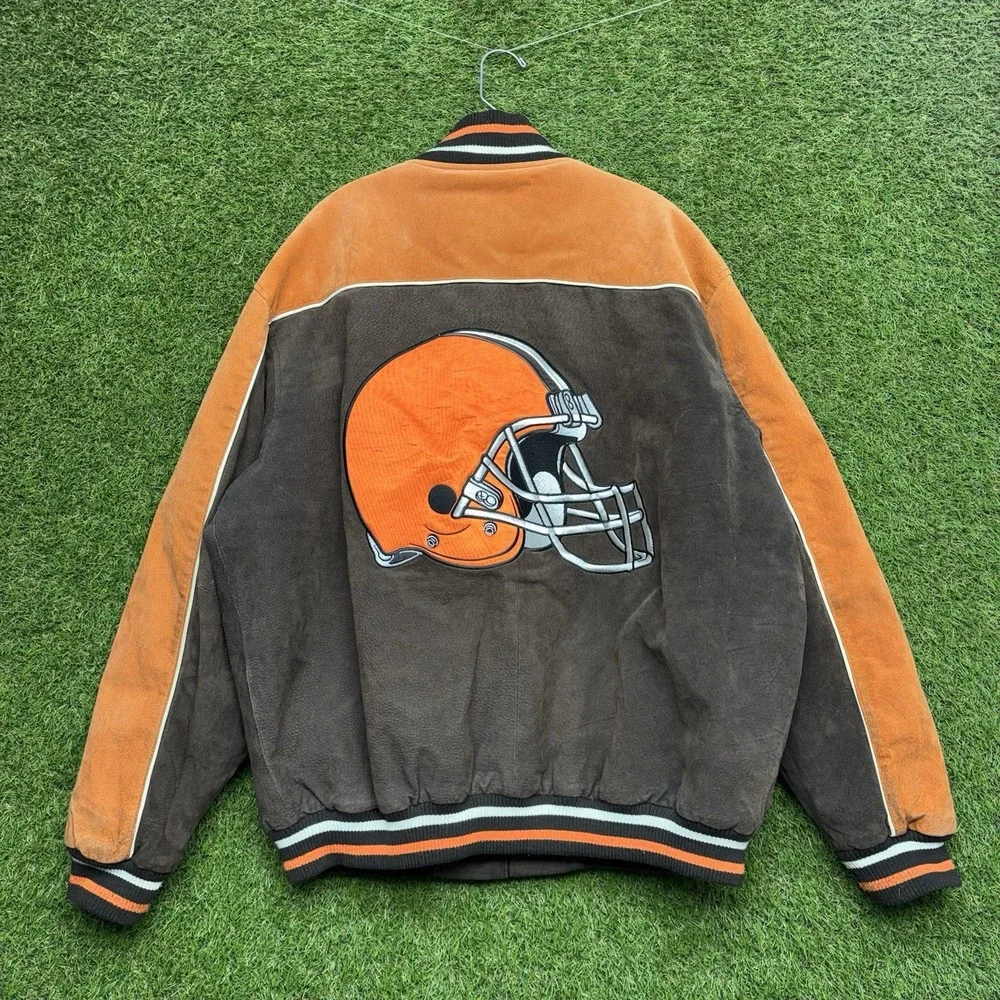 Cleveland Browns Leather Jacket Mens XL Orange Brown Logo NFL Zip Up Embroidered